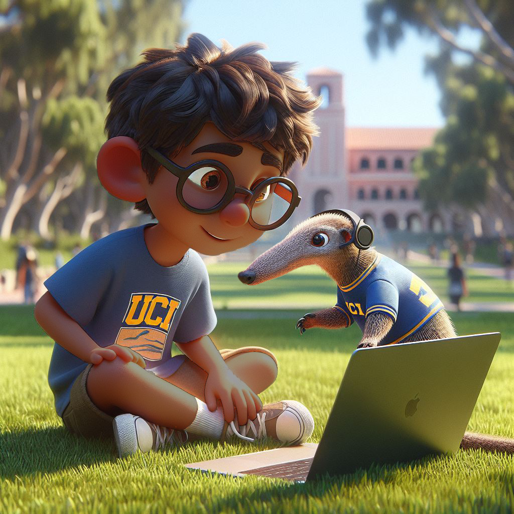 young student sitting on grass with laptop and small anteater