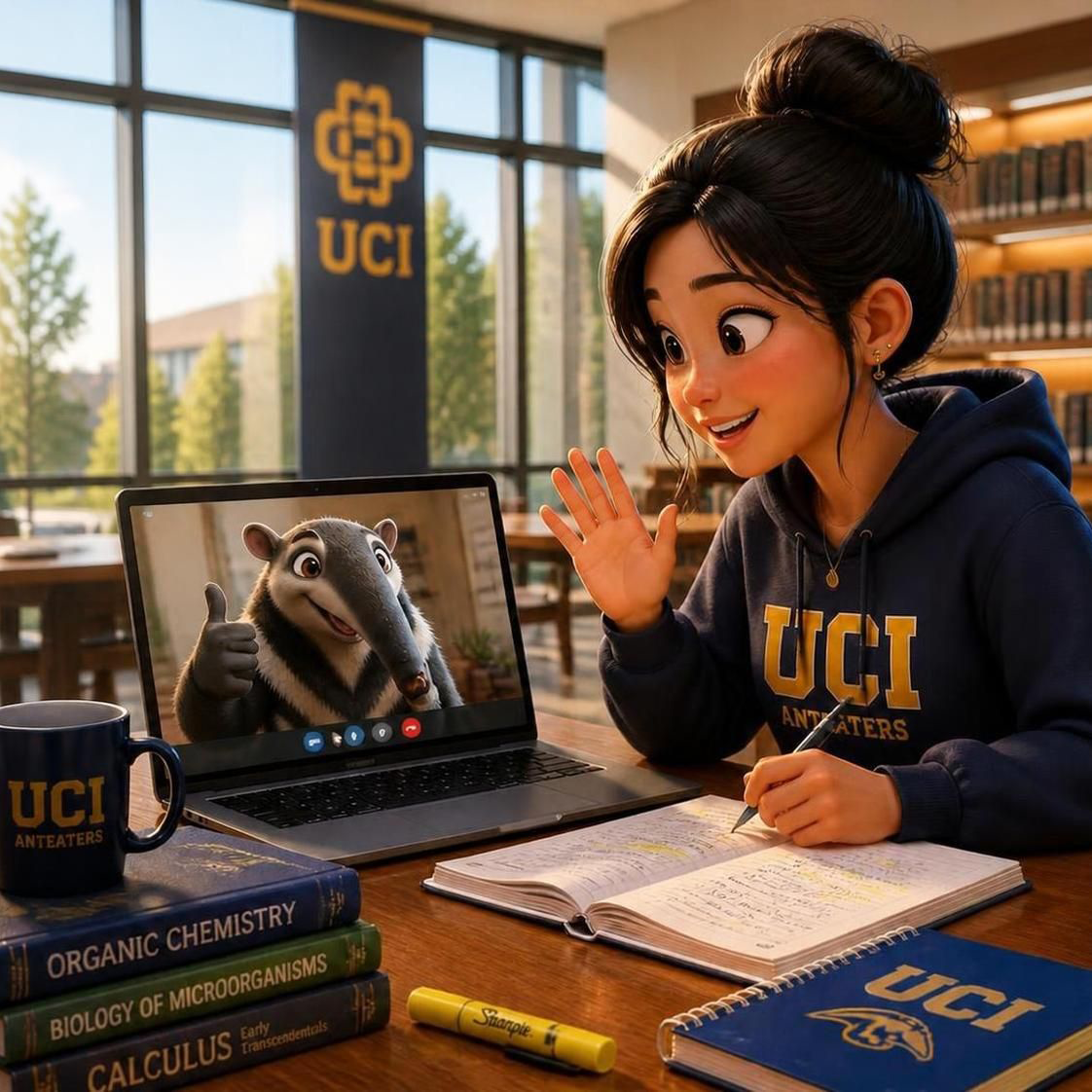 anteater helping student in library