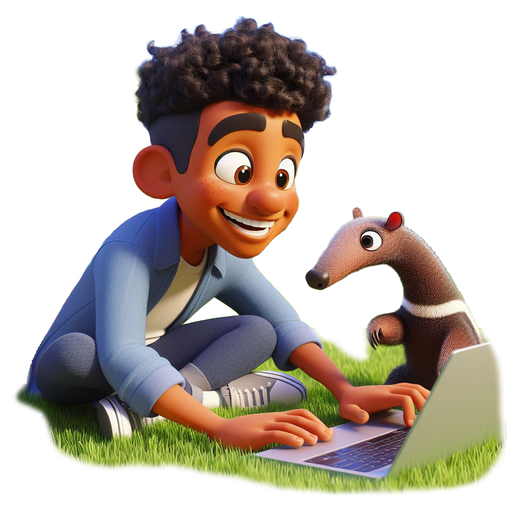 student sitting on grass with laptop and small anteater